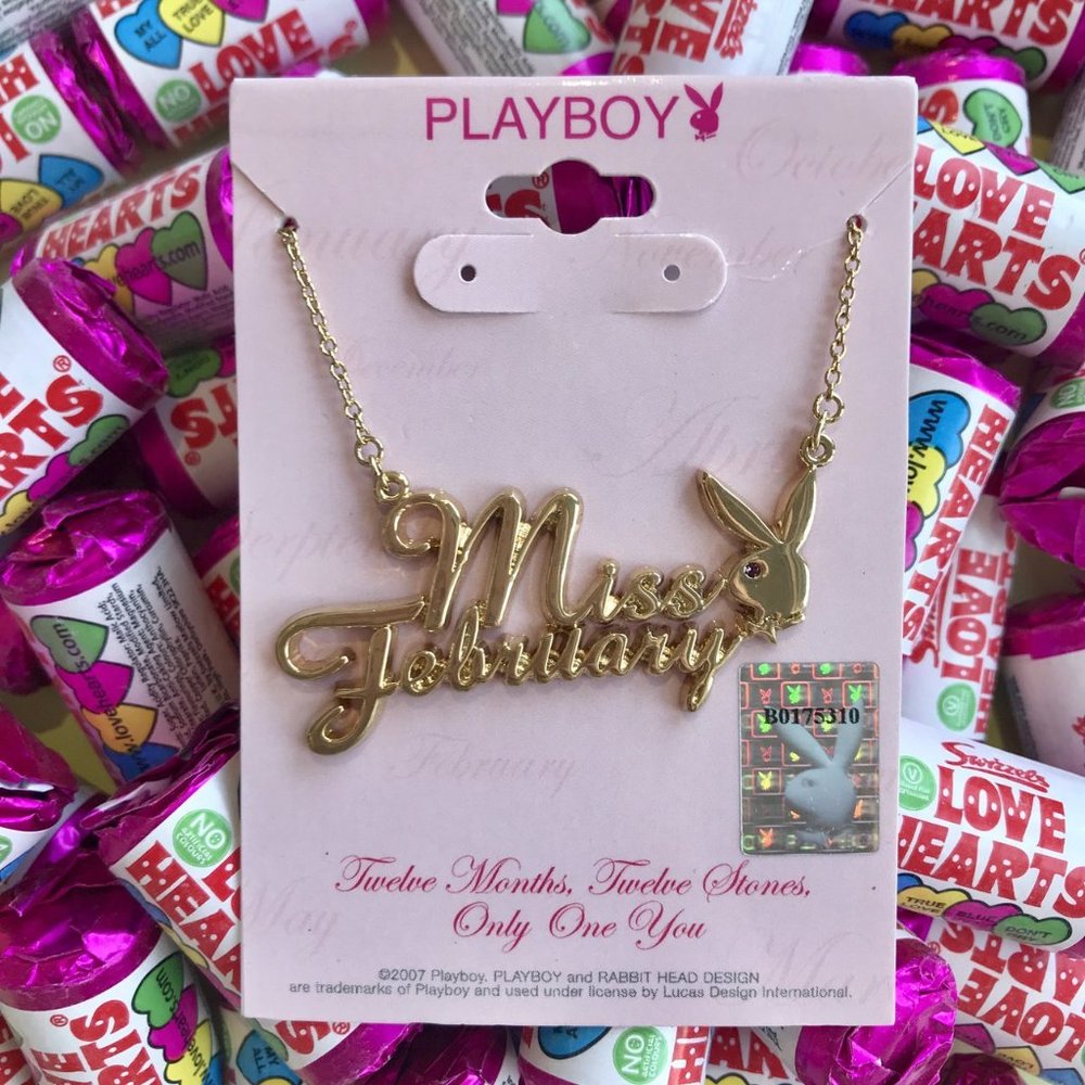 Playboy Necklace Miss February Bunny Pendant Gold Plated Birthstone NWT RARE y2k - Picture 13 of 15